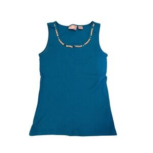Personal Identity Y2K Teal Blue Beaded Neck Ribbed Cotton Tank Top Womens L M